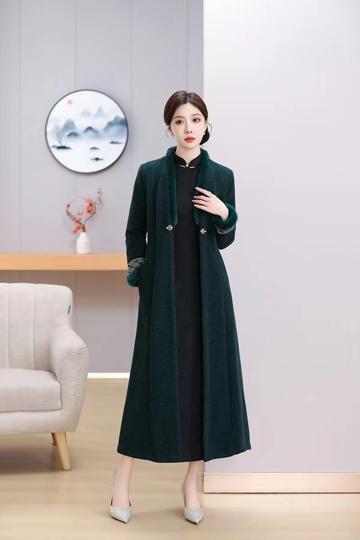 气质保暖毛呢外套中国风冬季显瘦修身复古经典气质优雅旗袍