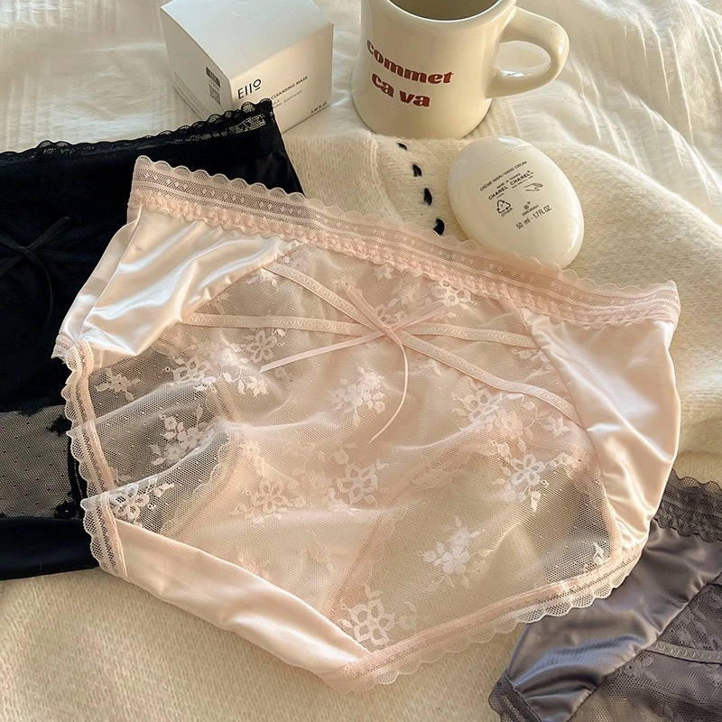 ins性感密码~法式缎面蕾丝内裤女士中腰款三角裤薄款舒适透气内裤