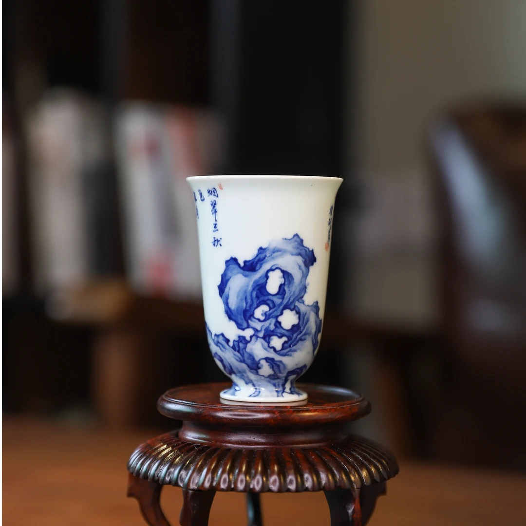 手工手绘时来运转假山石头高脚闻香杯品茗杯聚香主人杯