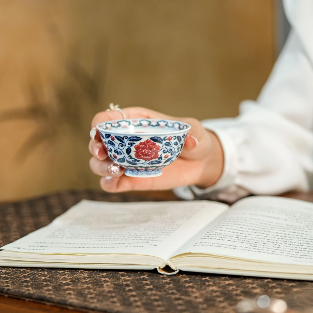 勤义堂 青花釉里红缠枝牡丹杯名窑陶瓷高端茶器