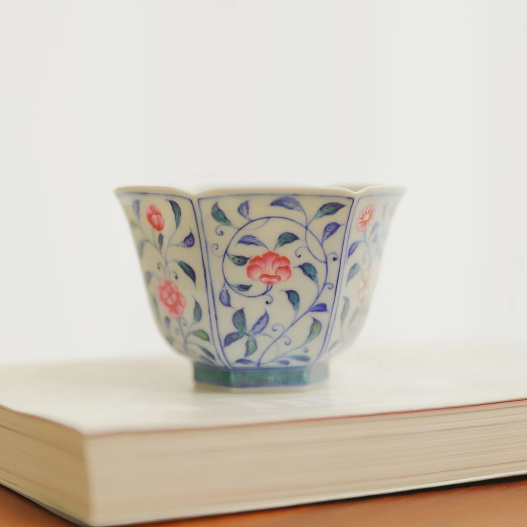 玗琪轩 柴窑斗彩花卉六方杯60ml景德镇手工手绘高端茶器