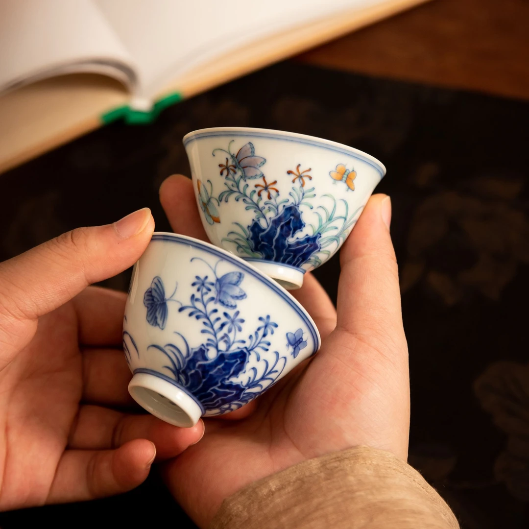 玗琪轩 柴窑青花斗彩三秋杯斗彩款40ml青花款三秋杯40ml品茗杯