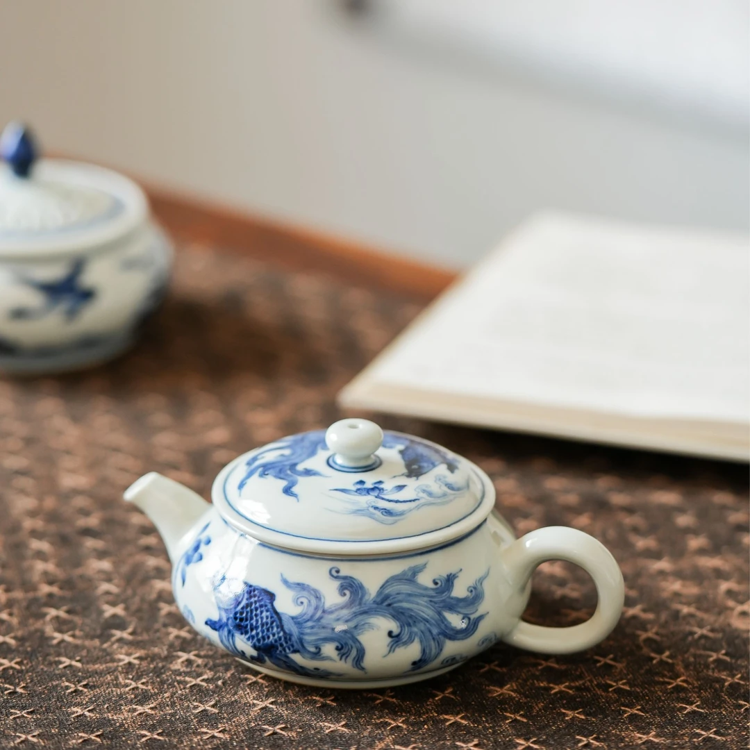 青韵堂青花柴窑斗鱼壶景德镇手工手绘