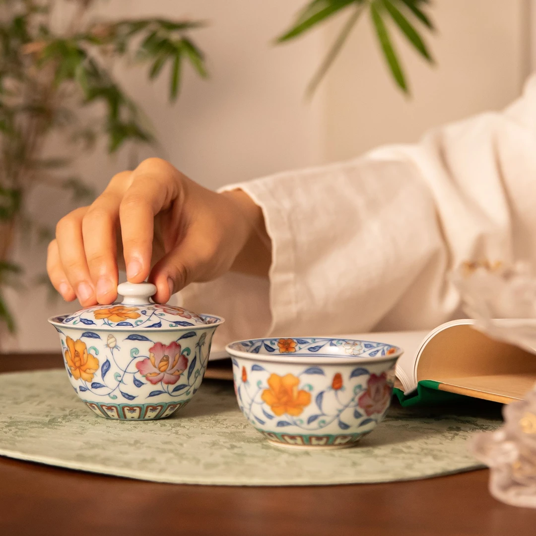 玗琪轩 柴窑斗彩描金月季花盖碗130ml缸杯100ml套组