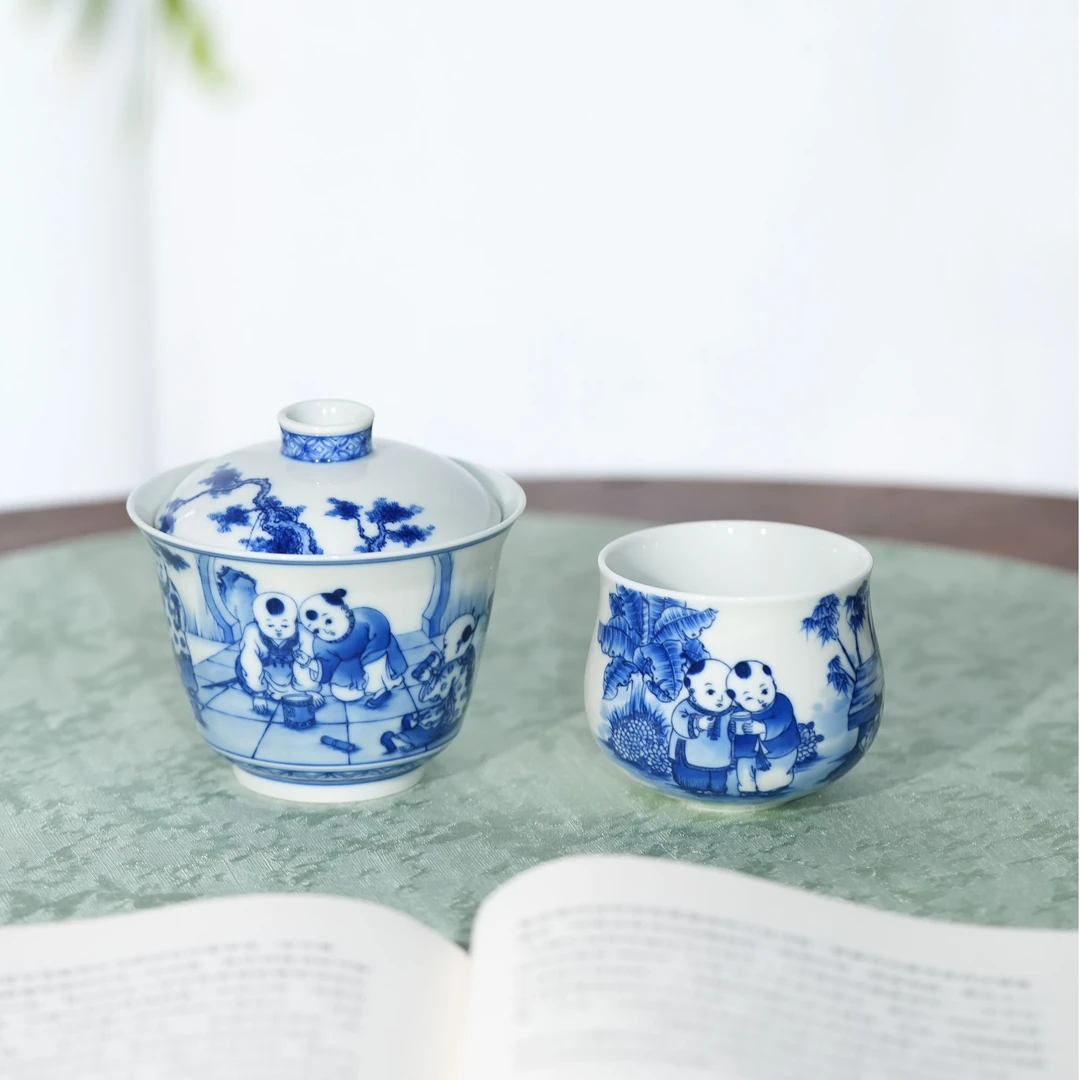 焱谷窑 青花童子盖碗150ml主人杯100ml景德镇纯手工手绘