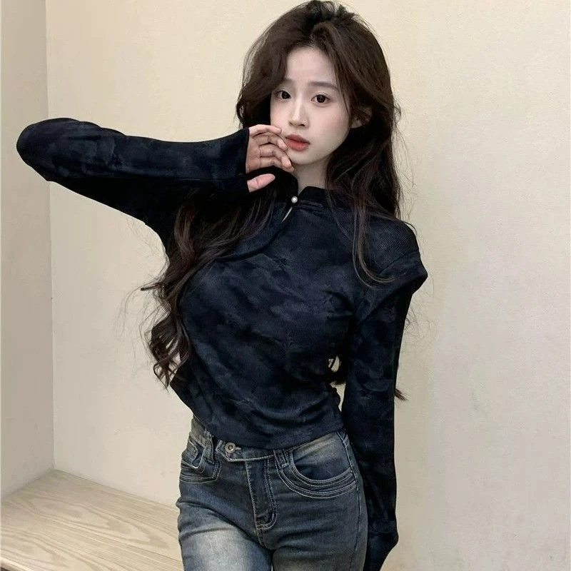 人棉中式扎染国风立领盘扣长袖T恤秋冬新款修身褶皱打底显瘦上衣