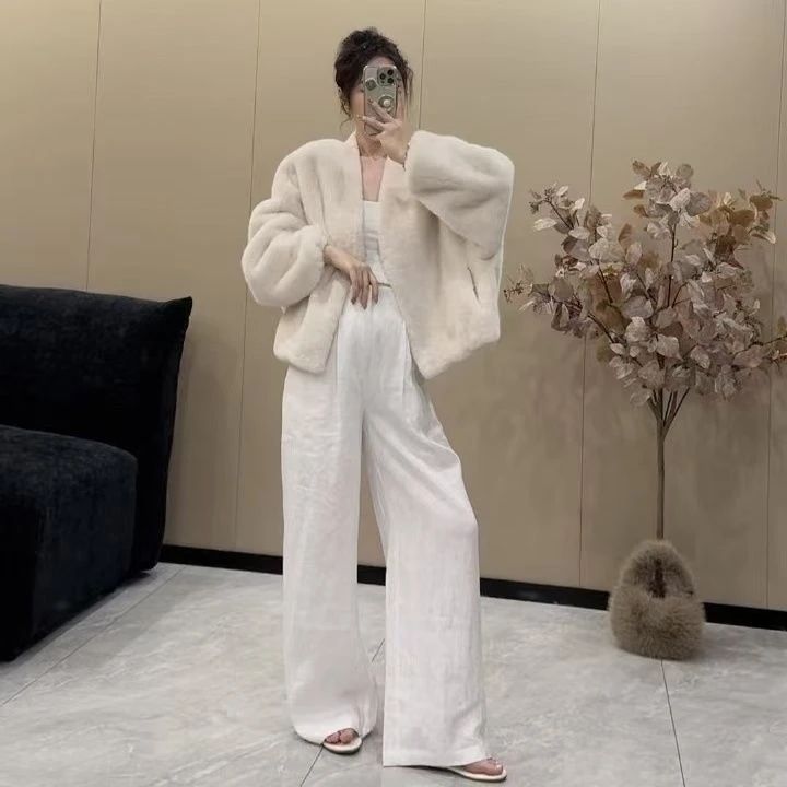 时尚百搭V领休闲秋冬毛绒外套网红简约慵懒3606宽松冬季轻奢轻奢