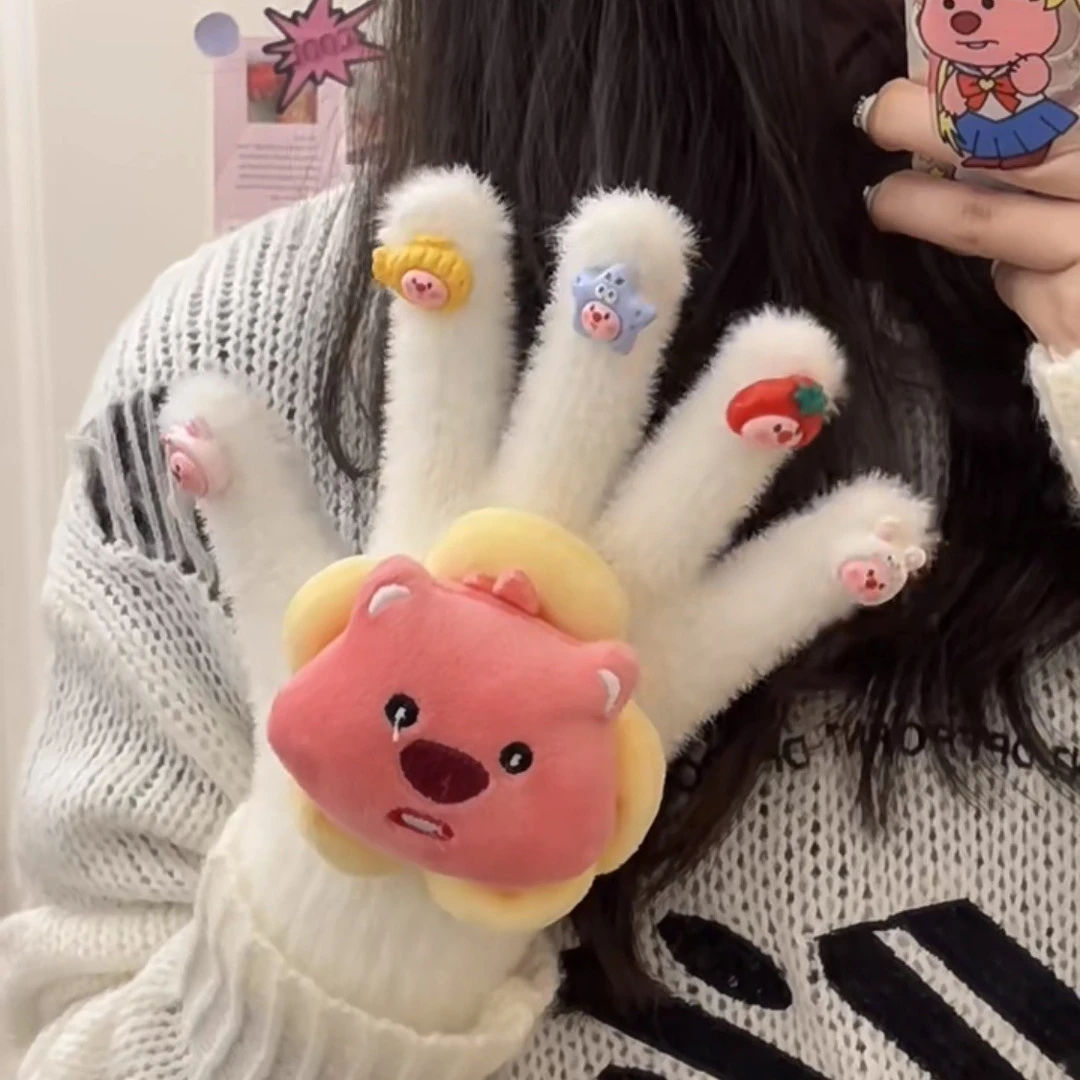 卡通loopy小海狸手套新款少女冬季骑行保暖毛绒五指学生户外手套