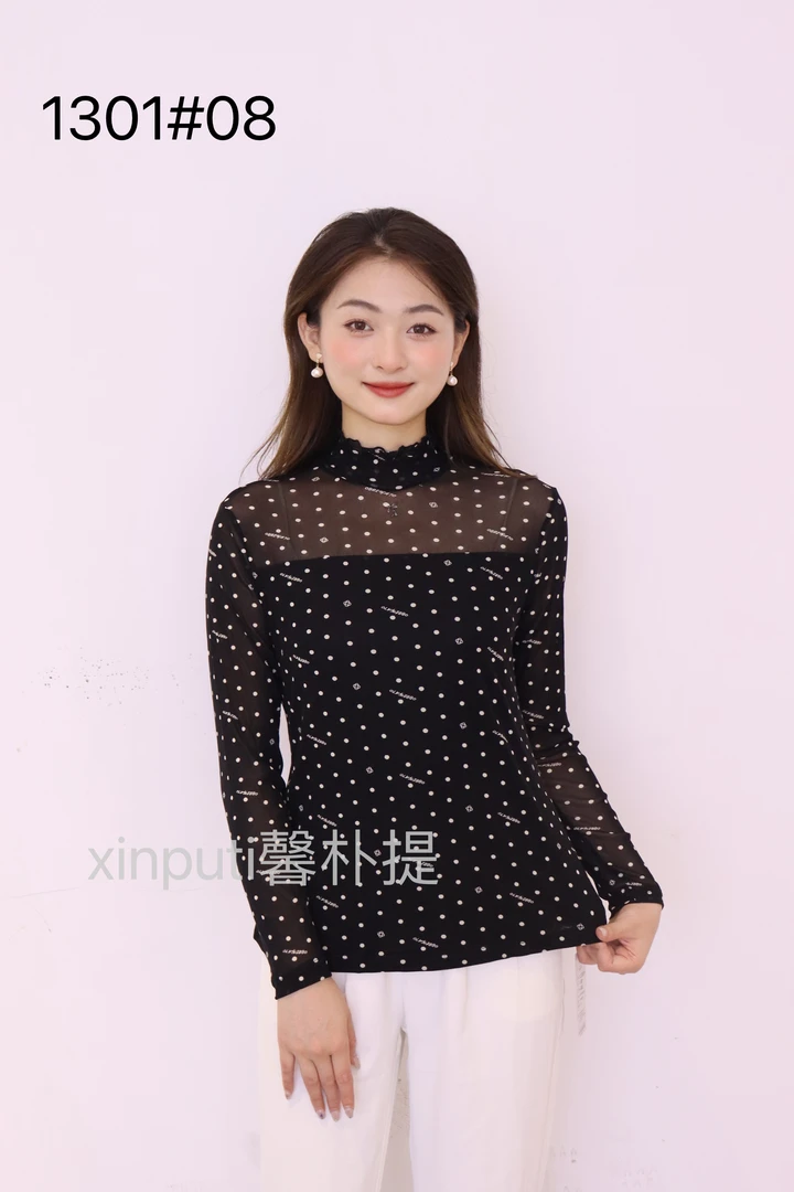 1301秋季新款黑白波点气质弹力半高领打底衫纱衣显瘦小立领长袖