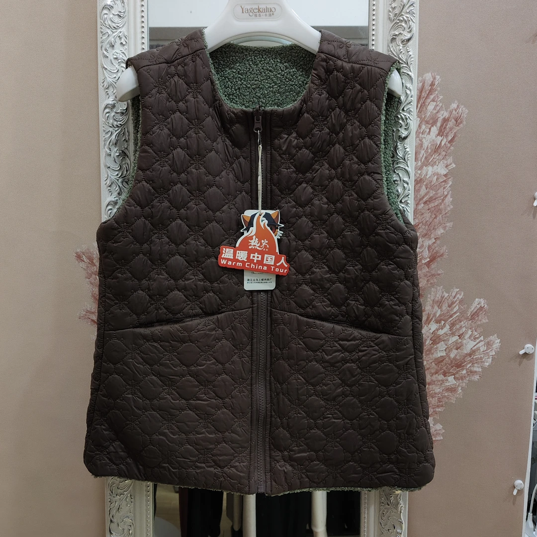 9915女款冬季十字花双面马甲休闲简约口袋宽松保暖上衣