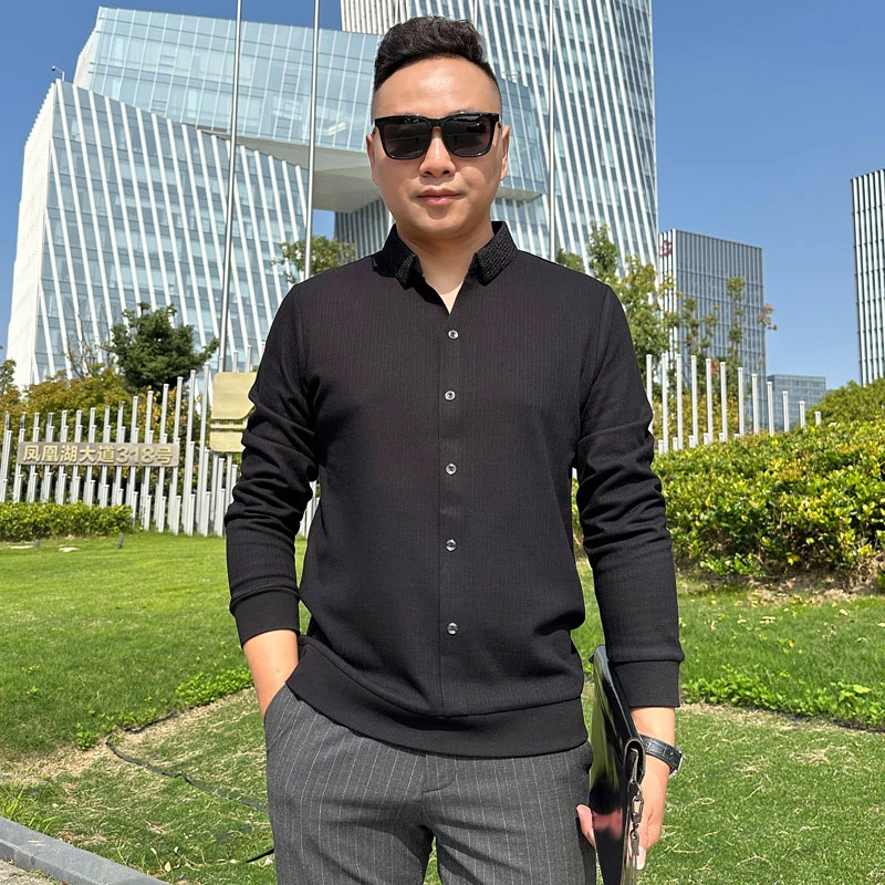 绣花领中年男士衬衫领长袖T恤绣简欧轻奢春秋款商务休闲老钱风潮