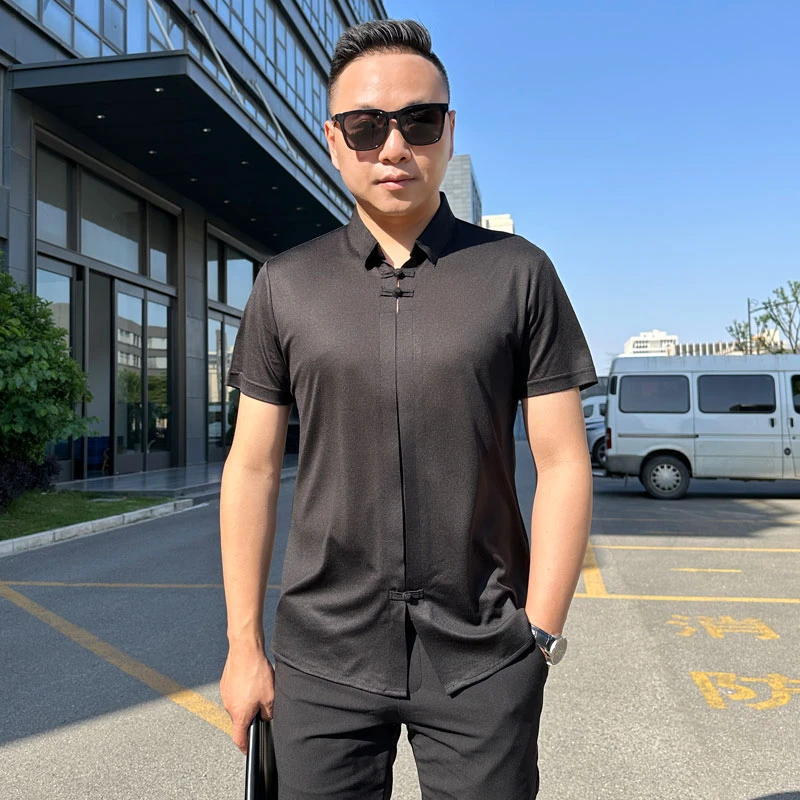 桑蚕丝新中式中年男士衬衫短袖T恤国风轻奢商务休闲半袖POLO衫潮