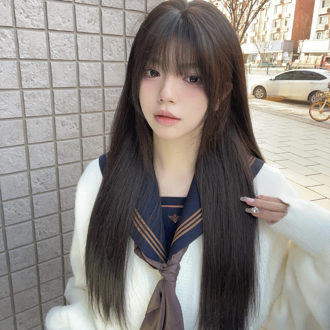 女黑长直黑茶色自然减龄空气刘海小姐姐修饰脸型自然全头套式假发