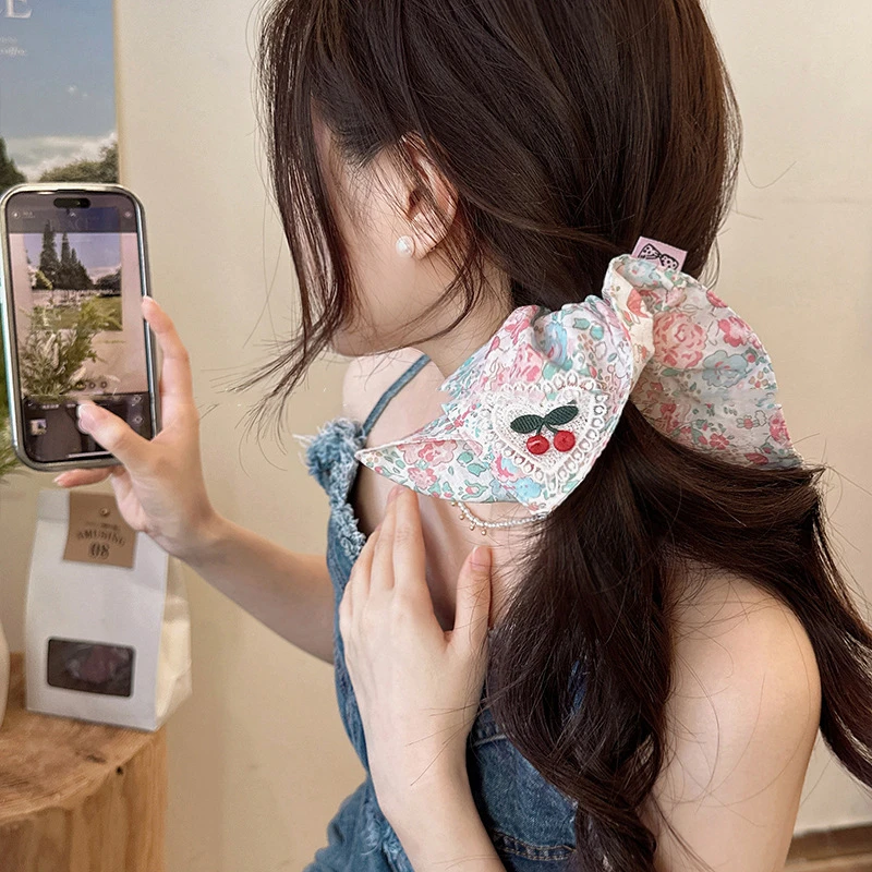 韩系可爱刺绣樱桃碎花大肠发圈甜美清新绑发头绳夏季氛围感发饰女