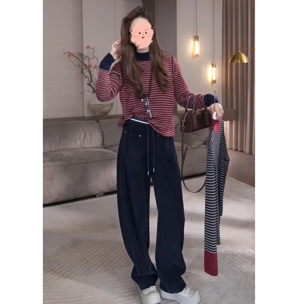 秋季新款条纹圆领长袖显瘦上衣复古时尚气质打底衣宽松休闲阔腿裤