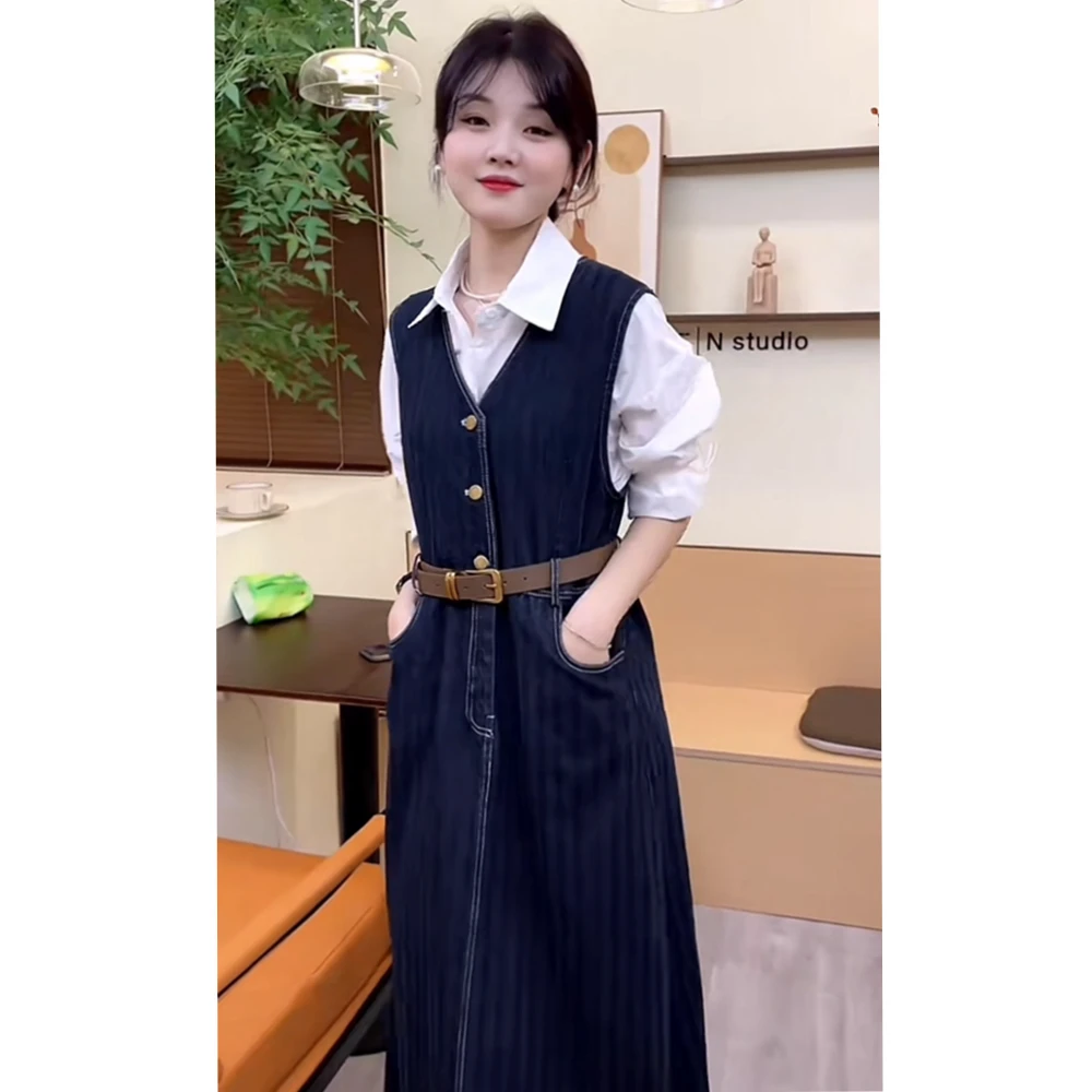 2023春秋新款条纹减龄收腰显瘦牛仔连衣裙中长款+白色衬衫两件套