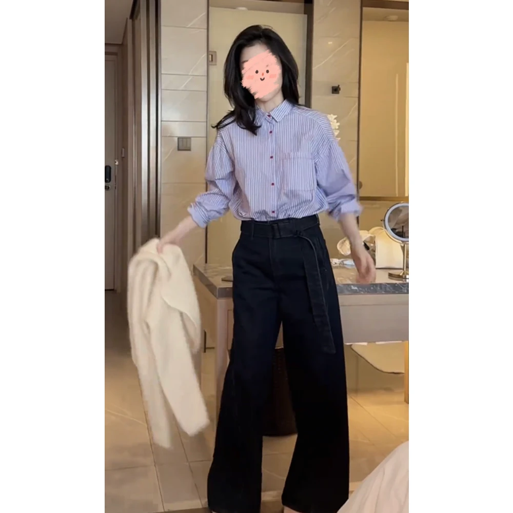 2024秋季新款法式小香风条纹衬衫宽松休闲百搭上衣高腰显瘦牛仔裤