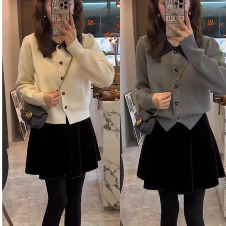 春季新款韩版气质小香风拼接翻领针织开衫时尚显瘦毛衣百搭半身裙