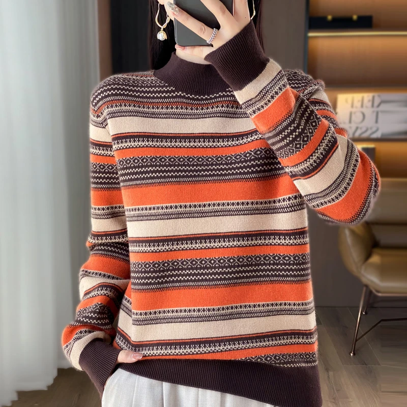 断色断码，厂家特价处理！加厚女士半高领毛衣复古条纹针织衫