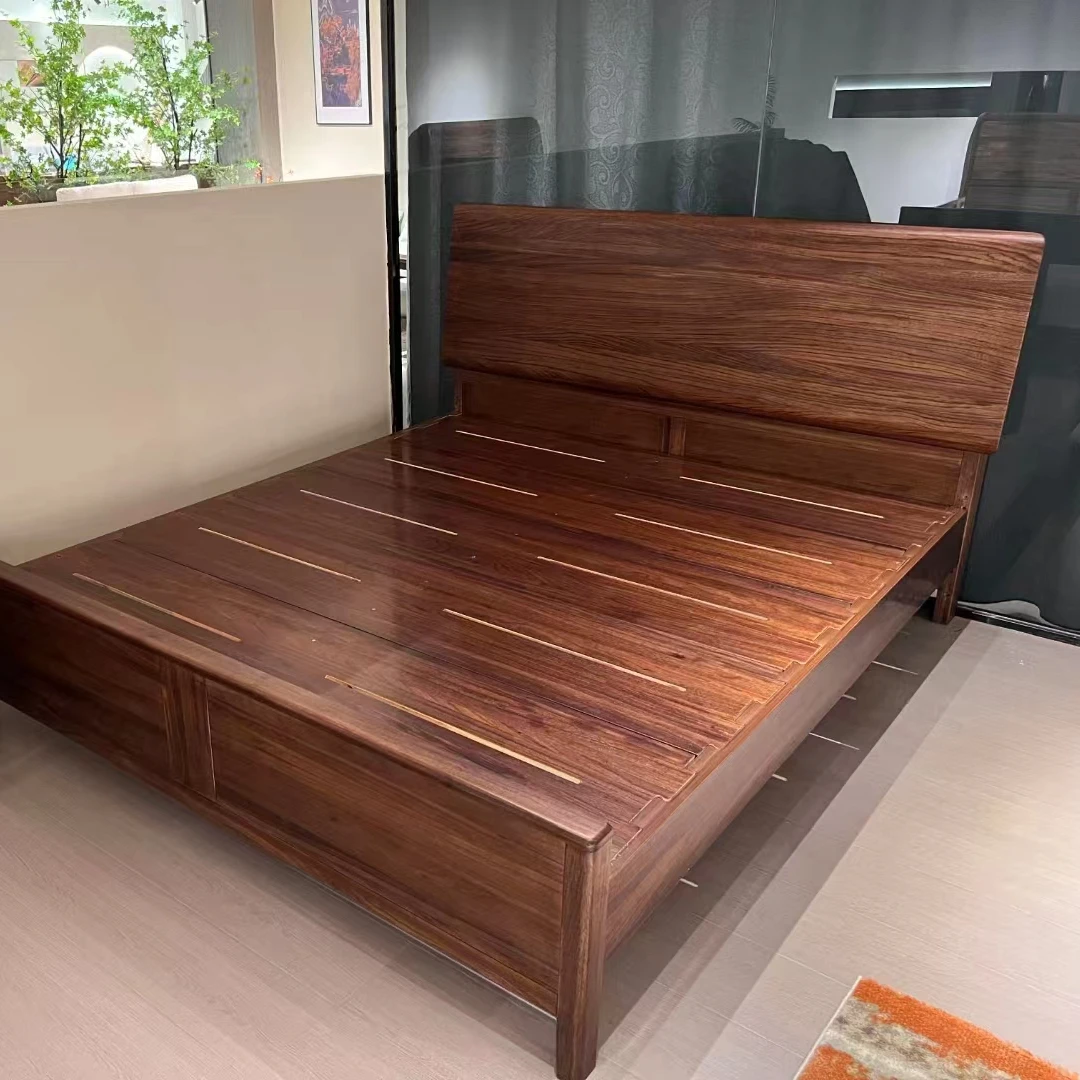 黑胡桃木实木床1.8米双人床1.5米单人主卧床中式家具家用大床高箱