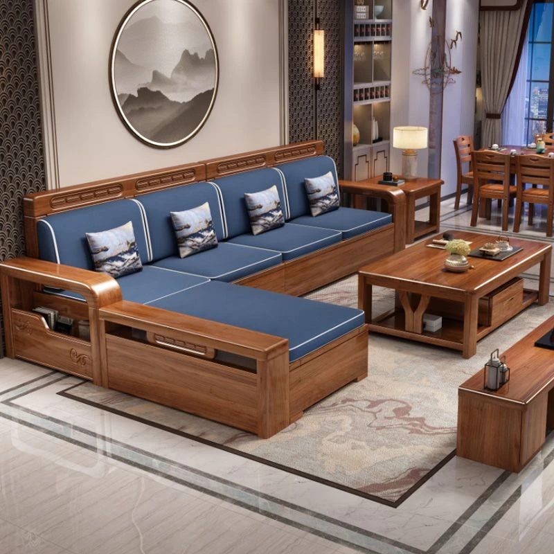 胡桃木实木沙发高箱储物沙发组合客厅小户型冬夏两用中式雕花HK50