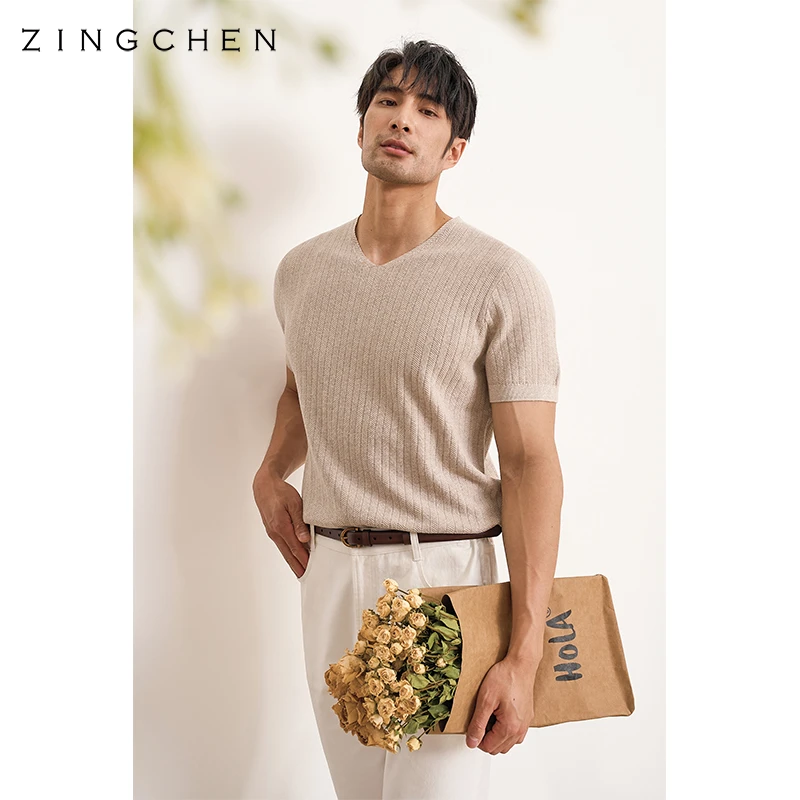 【干爽透气棉麻】ZINGCHEN人字纹V领短袖t恤男 休闲打底衫夏季薄款