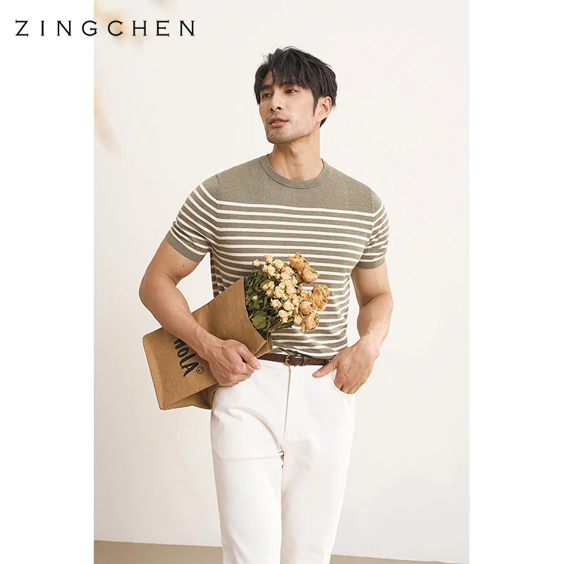 【可机洗棉山羊绒】ZINGCHEN夏季短袖针织圆领T恤男  条纹海魂衫