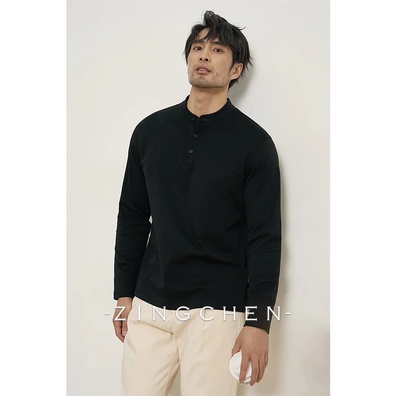 ZINGCHEN男士PIMA棉亨利领长袖T恤 新中式纯棉秋冬打底衫