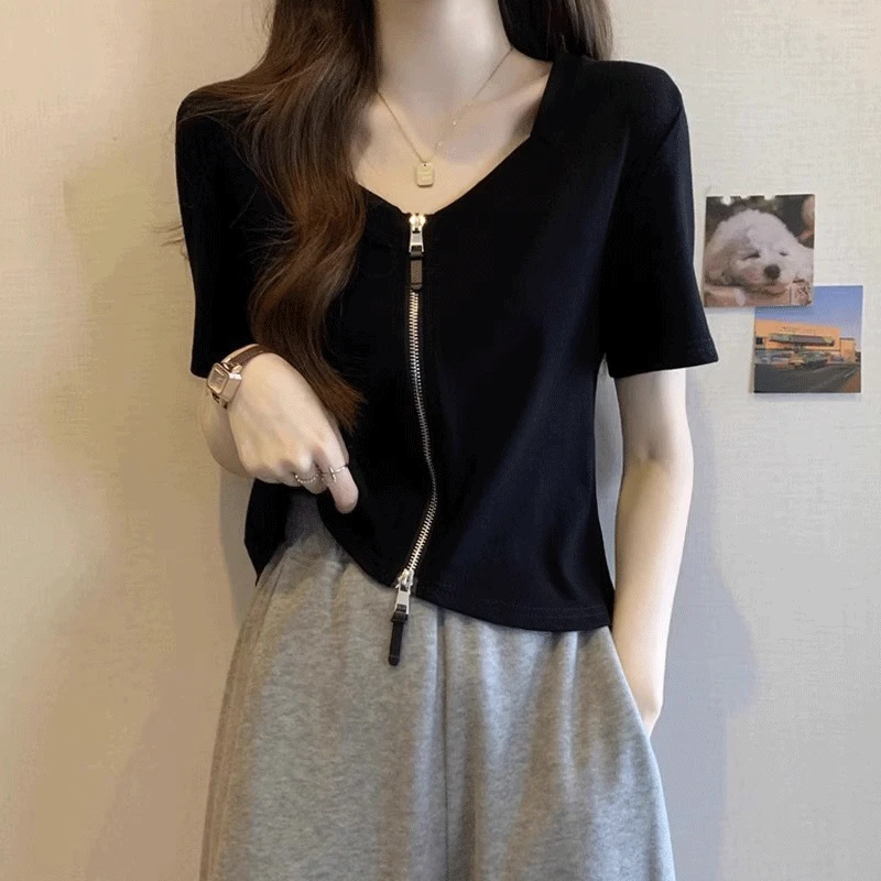 黑色双拉链正肩短袖t恤女2025夏季韩版宽松显瘦遮肚V领短款上衣潮
