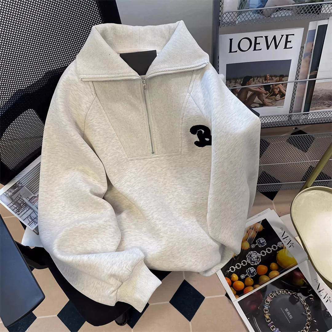 灰色翻领半拉链卫衣女2024秋冬炸街小个子polo领上衣设计感外套潮