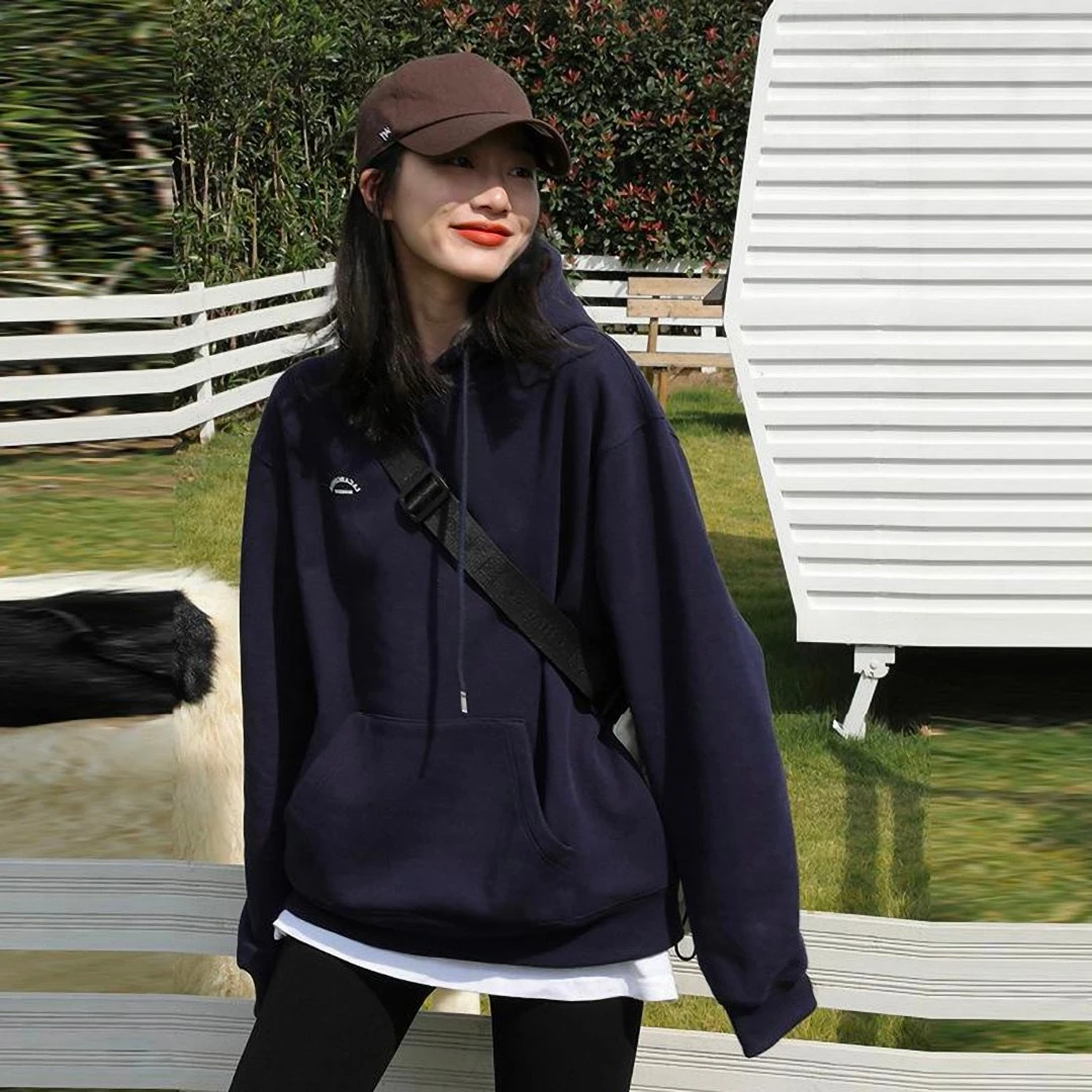 藏蓝色连帽卫衣女2025秋冬韩版爆款宽松bf慵懒风小众加绒加厚外套
