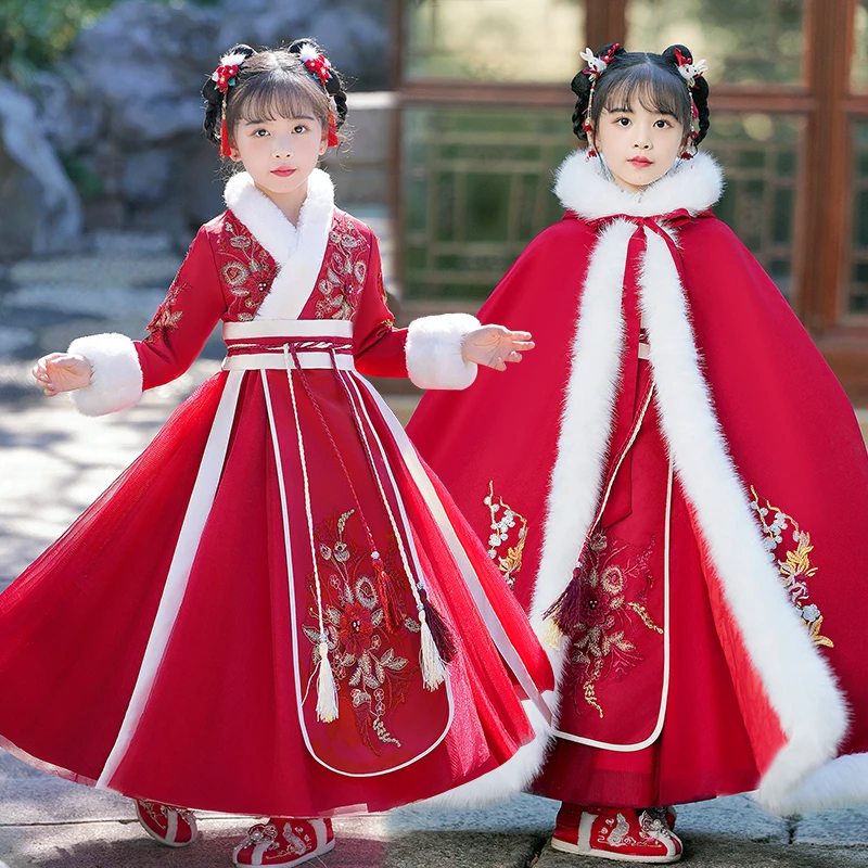 A381儿童汉服女童中国风加厚拜年服秋冬款过年唐装女孩古装衣服