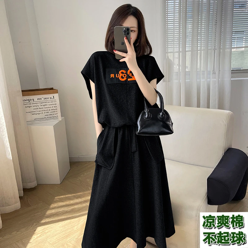 纯棉洋气灰色两件套女夏季2025新款短袖上衣高腰中长款半身裙卫裙