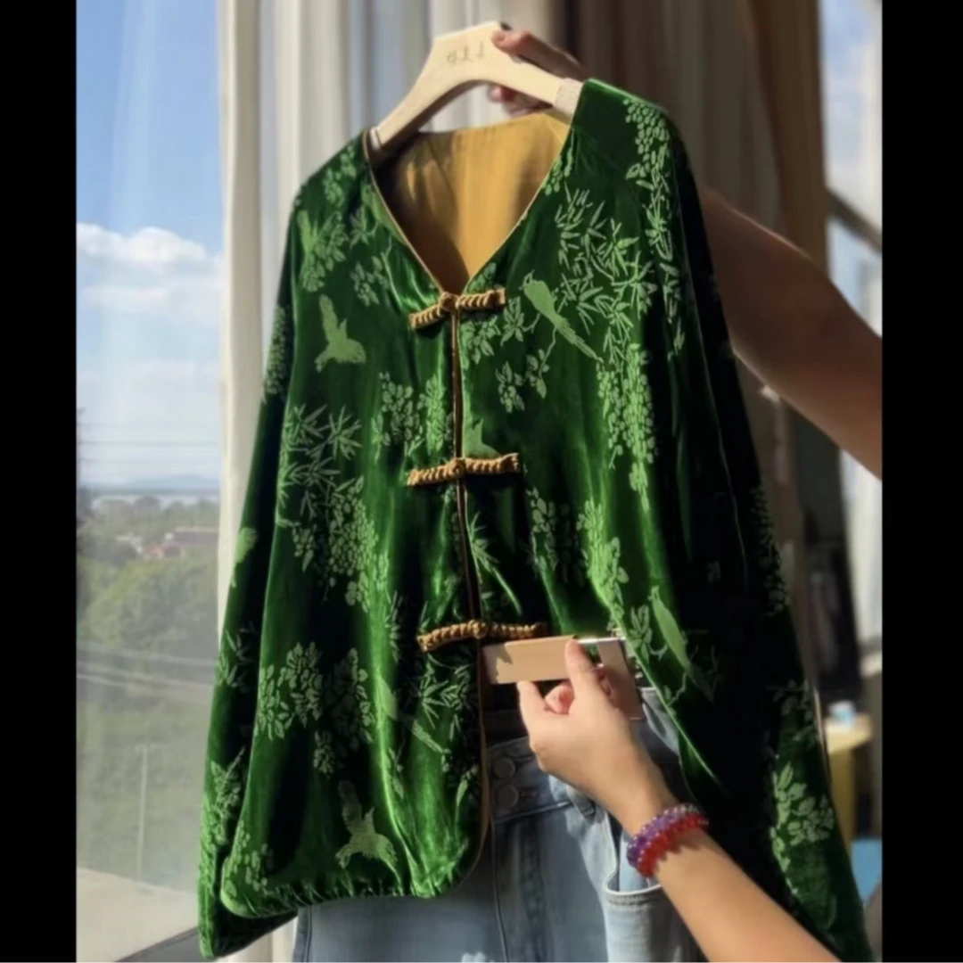DY1859樱美嘉桑蚕丝丝绒印花显瘦气质V领长袖开衫外套