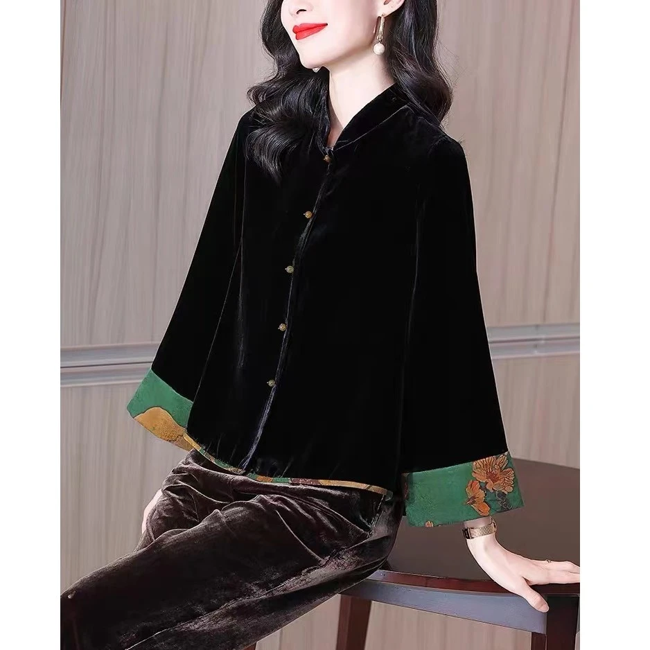 【12813】樱美嘉桑蚕丝休闲百搭时尚显瘦气质款新中式衬衫丝绒上衣