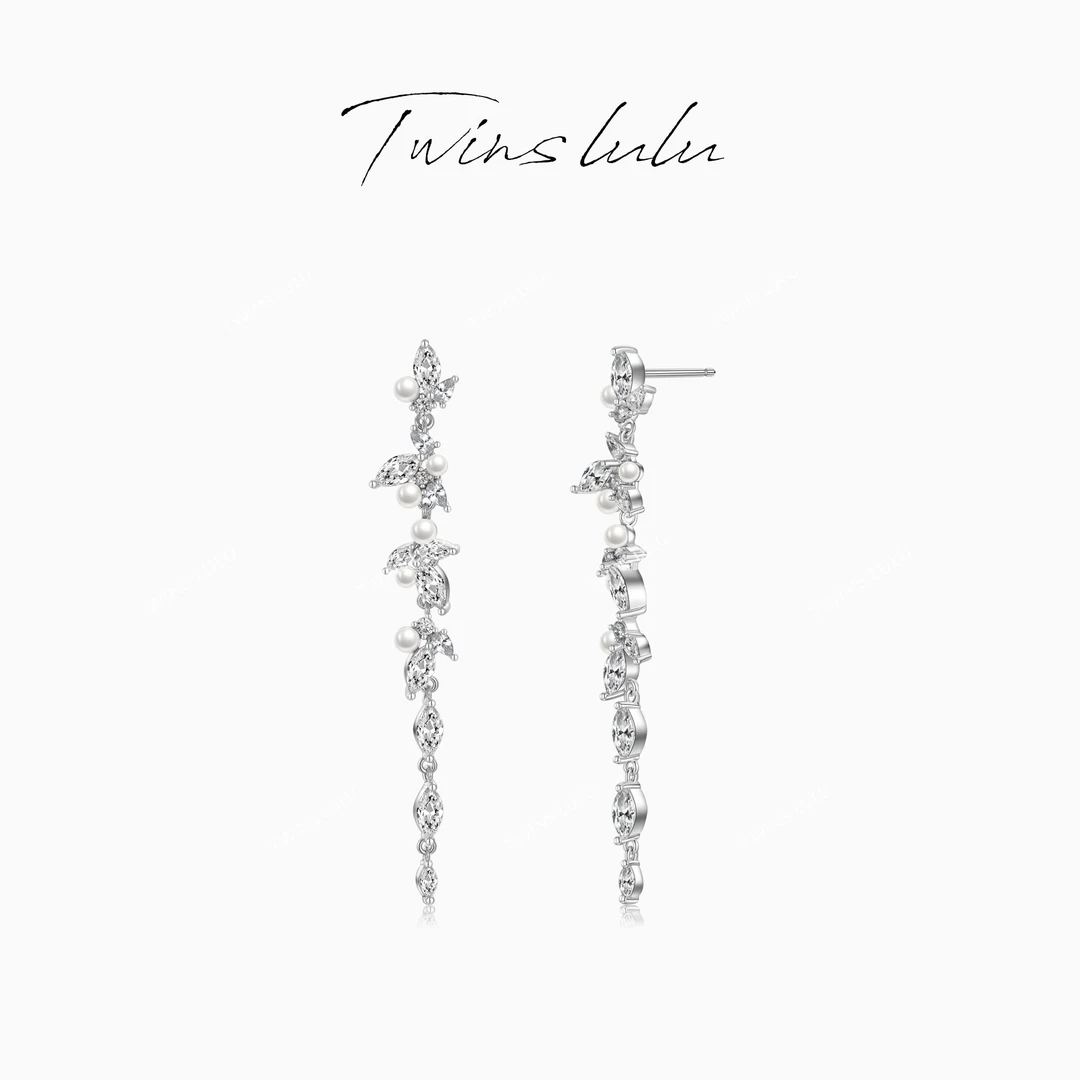 铜合金合成锆石耳饰 轻奢气质精致镶嵌流苏珠珠树叶耳环TSL2342