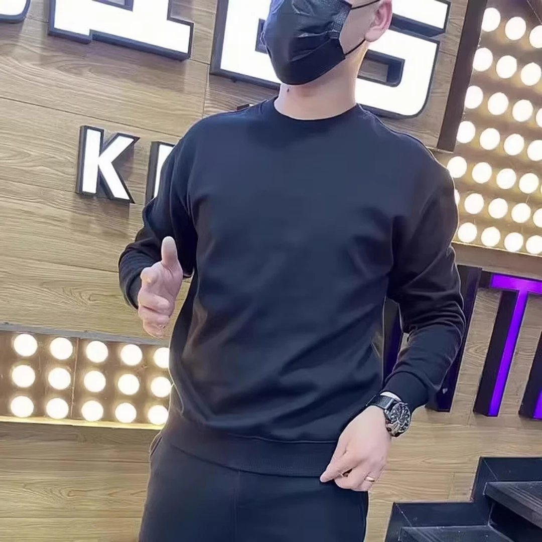 2024秋冬季新款卫衣男圆领修身打底衫长袖时尚潮流休闲百搭上衣