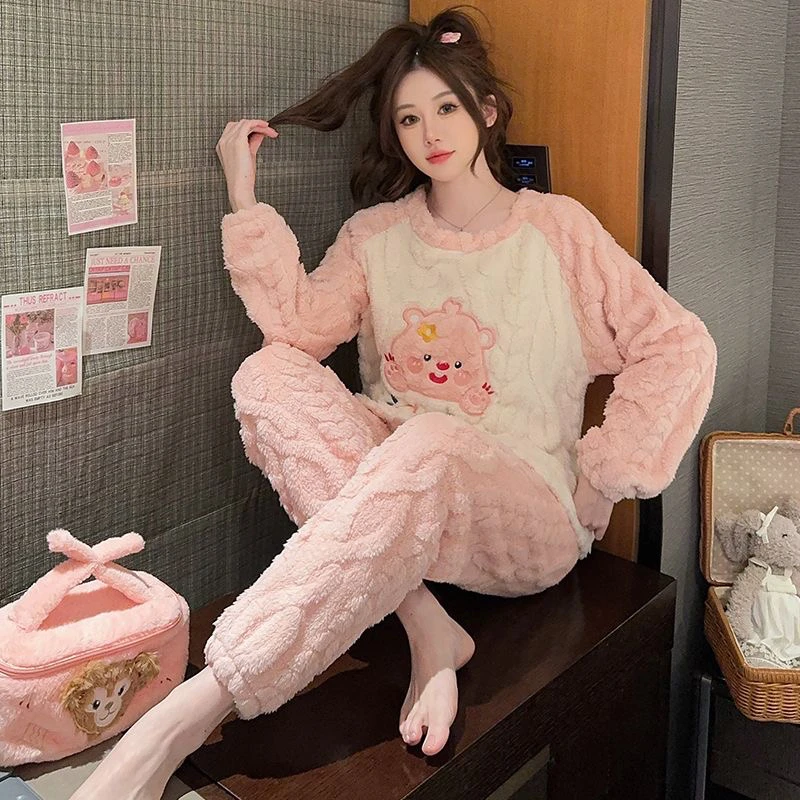 冬季加绒法兰绒睡衣女长袖卡通可爱保暖家居服套装