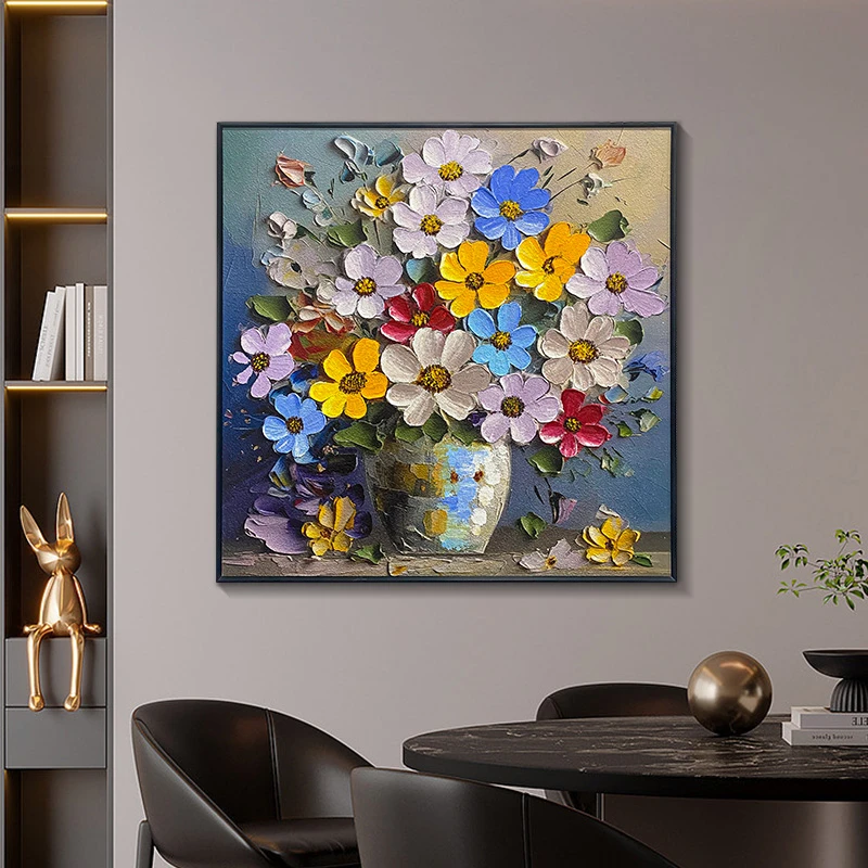 手工油画现代简约立体厚颜料花卉客厅装饰画玄关轻奢菊花8080