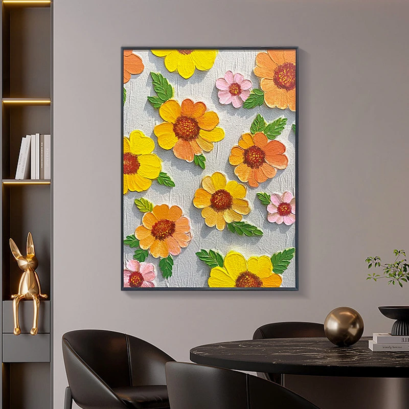 工治愈系肌理感客厅装饰画小清新添笔卧室挂画北欧油画花6080