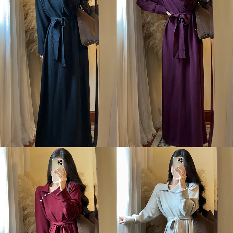 【ROUROU】冬日雪景｜法式大翻领针织百搭时尚气质长款连衣裙Ro-2607