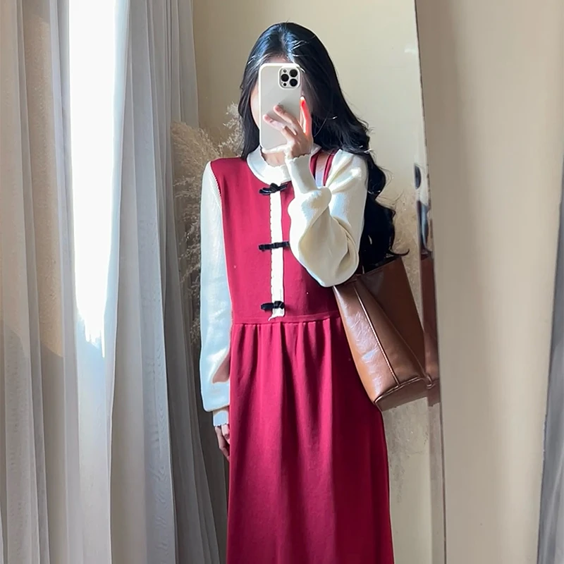 【ROUROU】蝴蝶结｜圣诞红假两件毛衣针织秋冬复古打底连衣裙Ro-2621