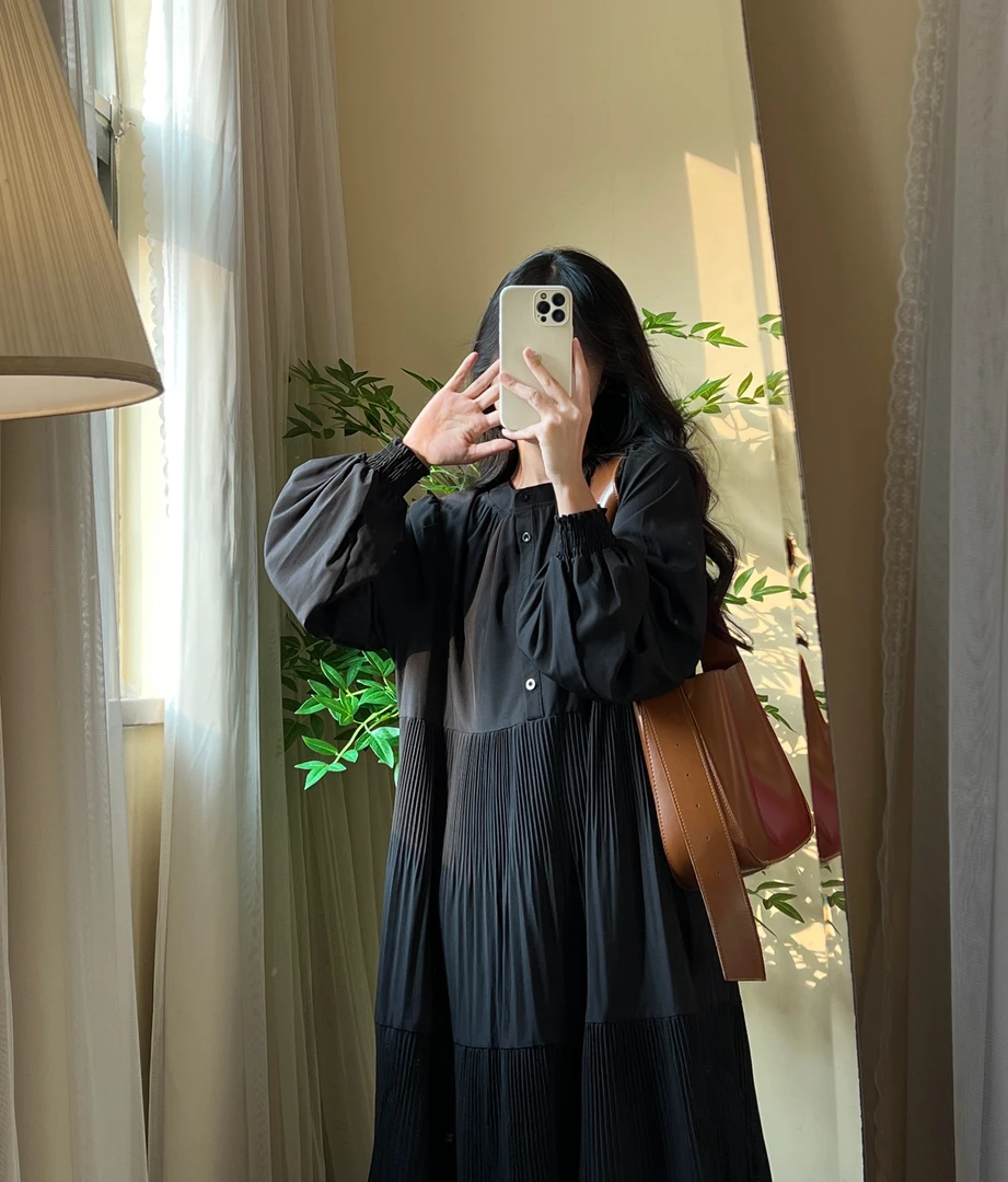 【Roo现】南方庄园｜法式纯色拼接设计感气质长袖连衣裙Ro-7692