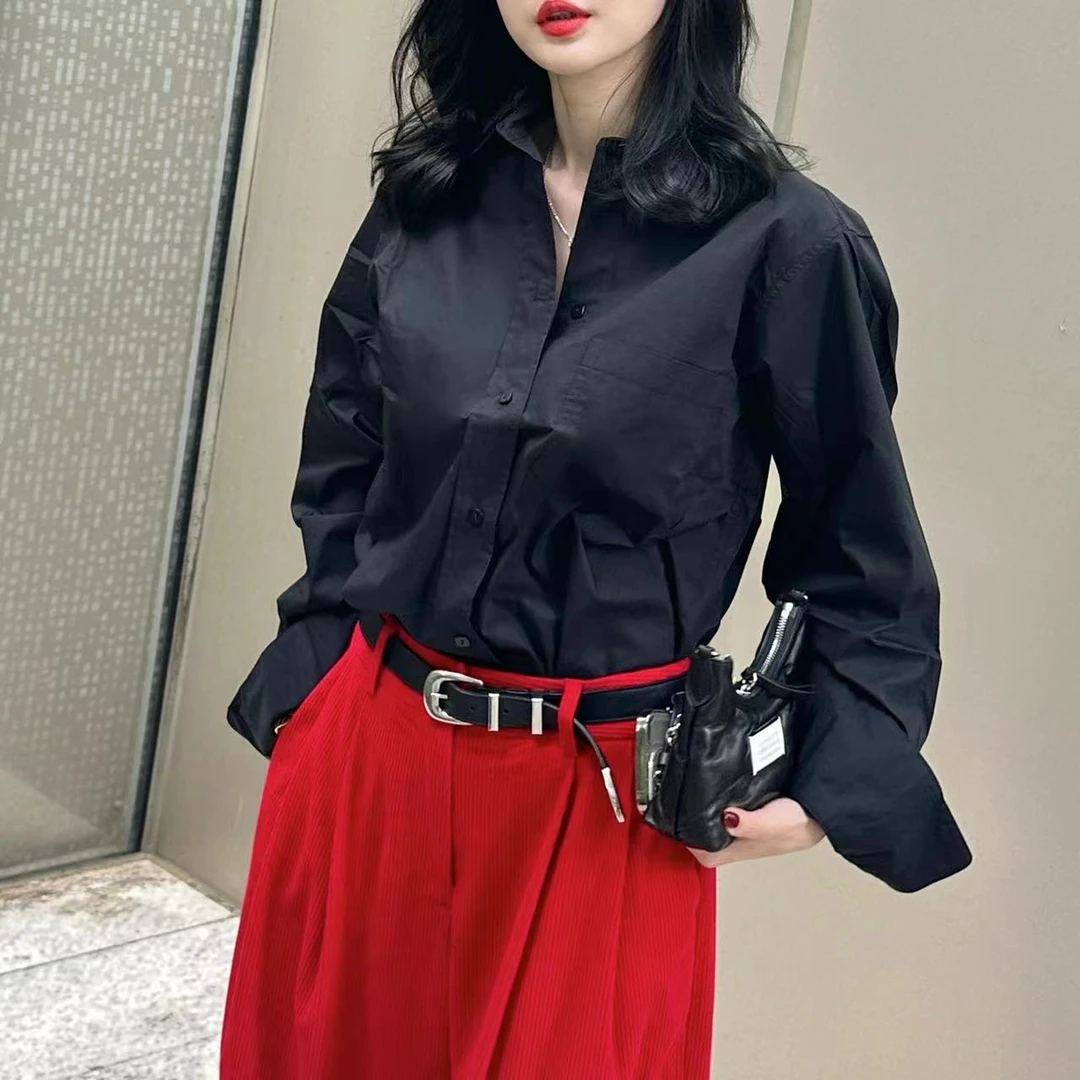 Noble.L 春季服饰显瘦小众白色通勤棉长袖白衬衣休闲百搭黑色衬衫