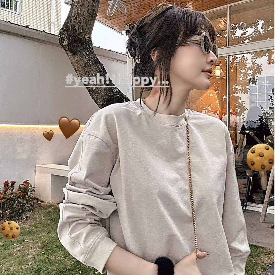 Noble.L 米灰色/黑色洗水长袖T恤休闲百搭简约宽松纯色圆领时尚