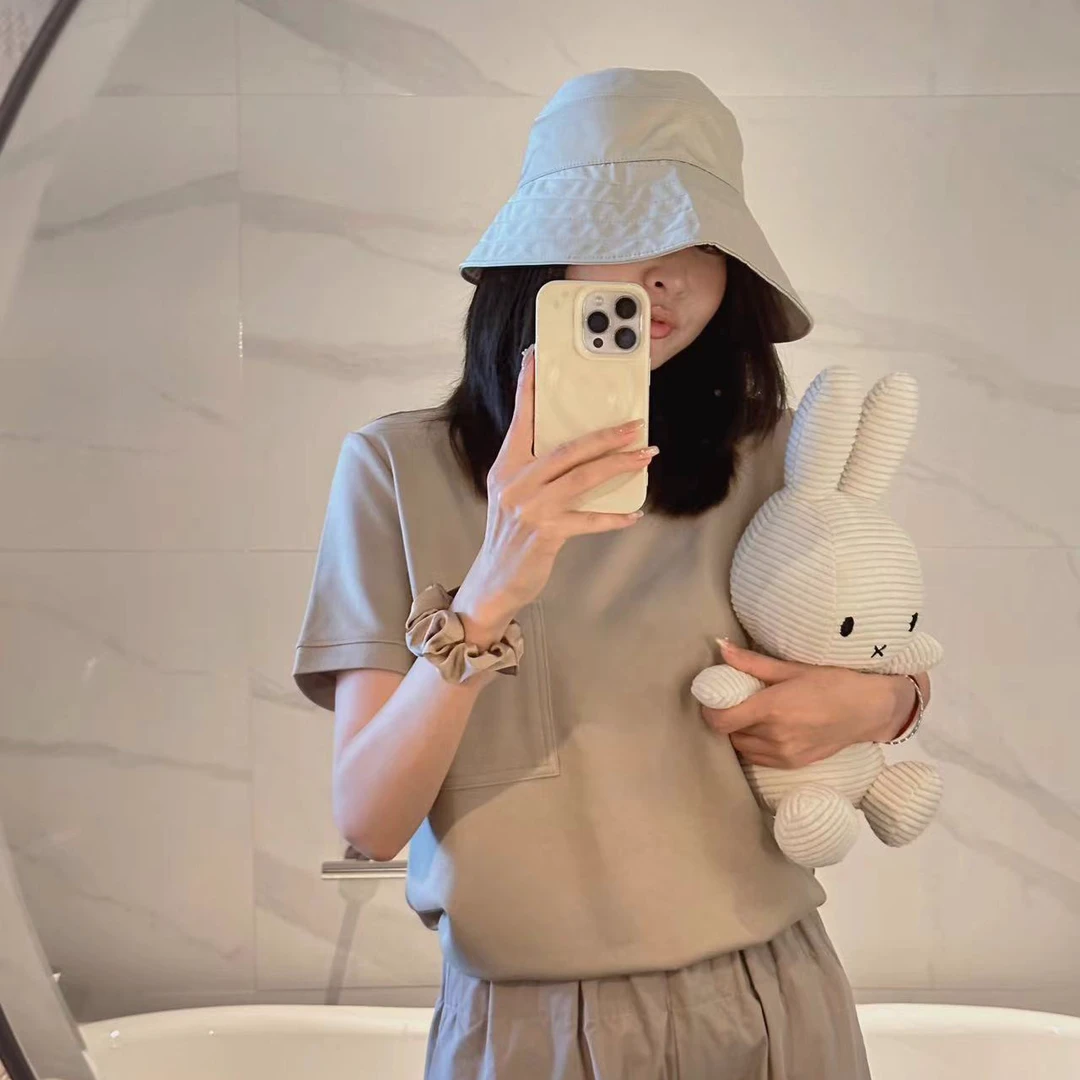 Noble.L 杏灰色/白色短袖罗马布休闲时尚百搭小众纯色宽松简约