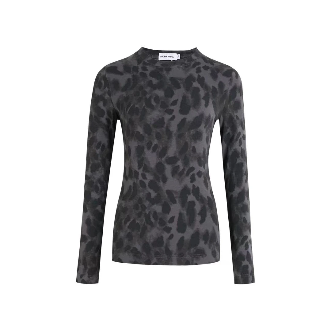 Noble.L水洗豹纹短袖/长袖小众印花气质时尚百搭显瘦设计修身T恤