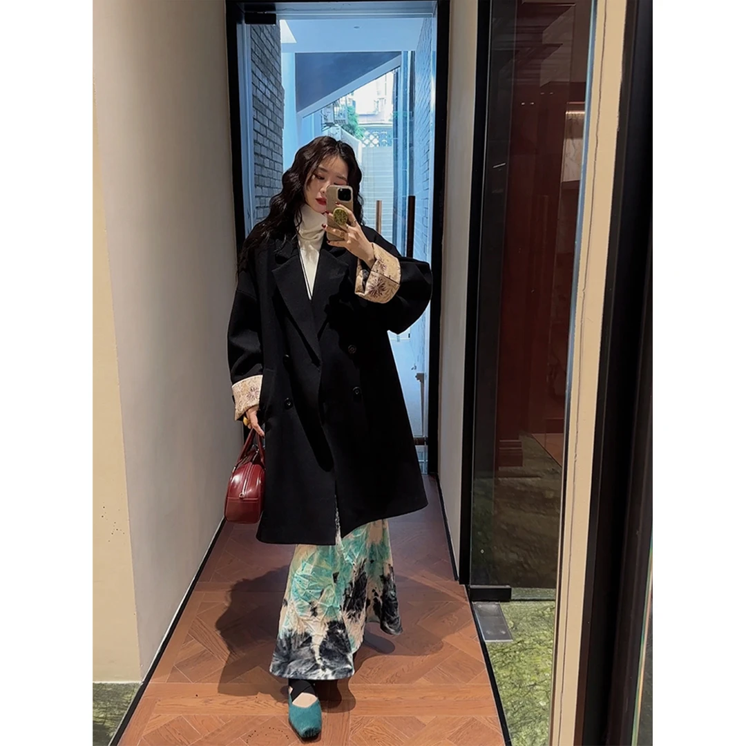 【云C专属】三吉黑花【孤舟】新款秋冬今年流行时髦简约翻袖棉大衣潮