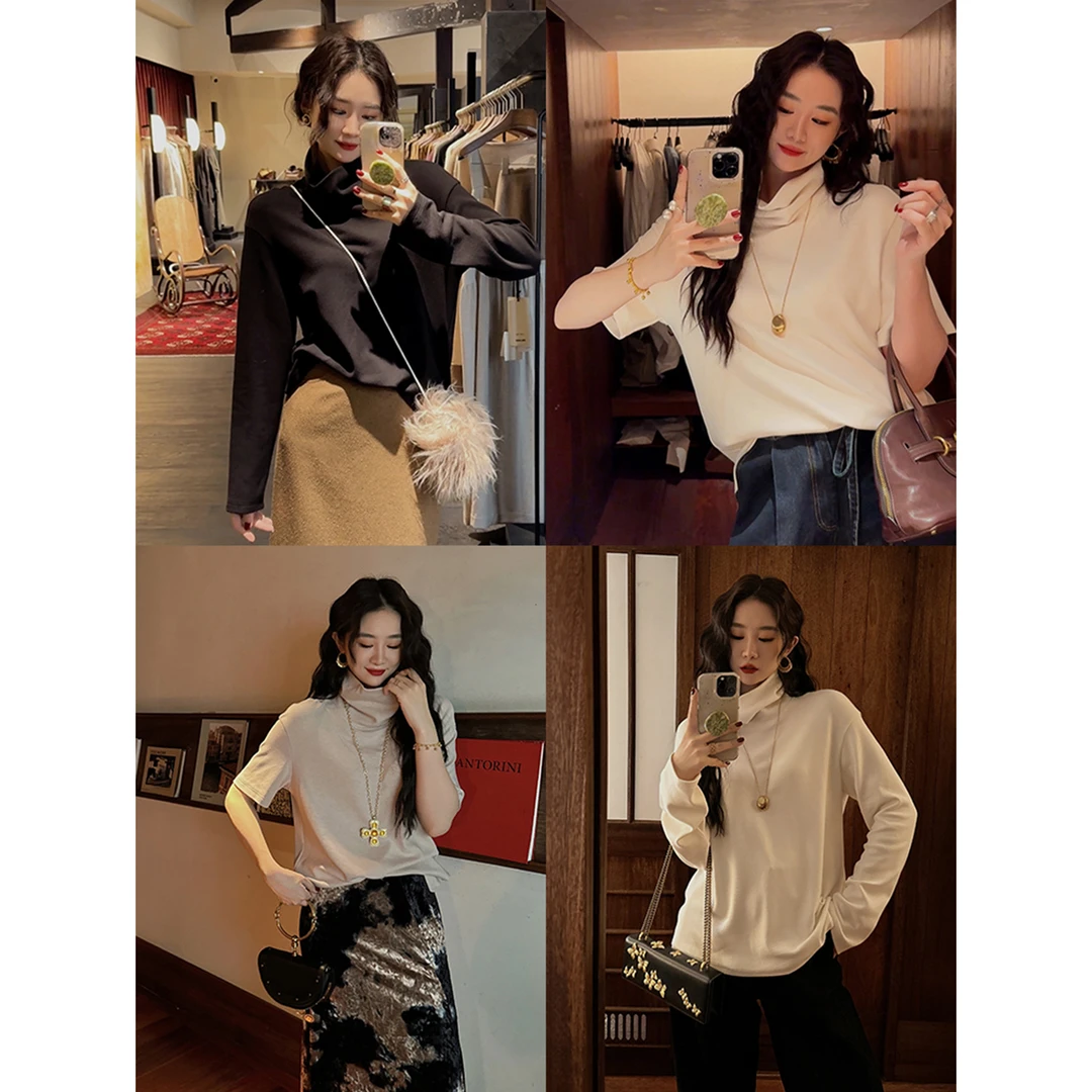 三吉黑花【假日】高领内搭打底衫女2024新款长袖上衣秋冬可外穿潮