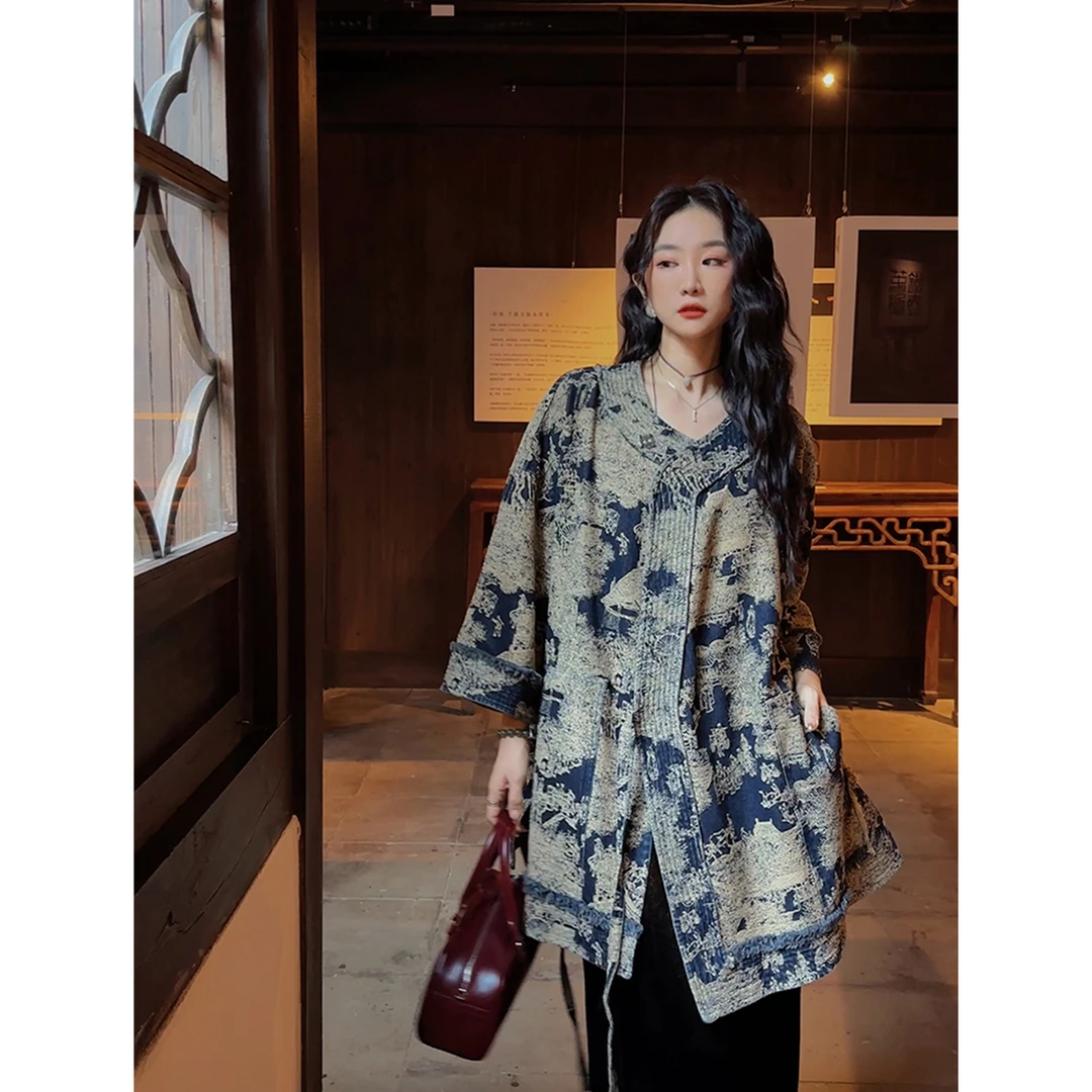 【云C专属】三吉黑花【藏海】新中式国风提花牛仔外套女春秋款独特